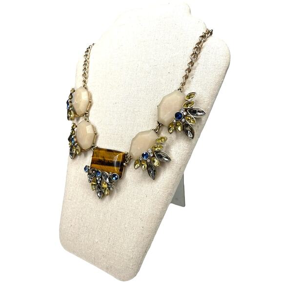 Statement Necklace Faux Stone, Tiger Eye and Rhinestones With Gold Tone Chain - Picture 8 of 9